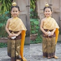 ชุดไทยนางนพมาศ-สไบพีทและกากเพชร_ผ้าถุงหน้านาง-ชุดนางสงกรานต์-สีทองน้ำตาล
