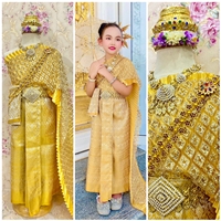 ชุดไทยนางนพมาศ-สไบพีทและกากเพชร_ผ้าถุงหน้านาง-ชุดนางสงกรานต์-ชุดไทยเข้าประกวด-สีทอง