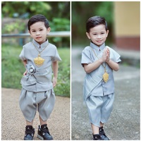 ชุดไทยเด็กชายแขนสั้นพร้อมผ้าพาด-พี่หมื่นสีเทาเงิน-Q