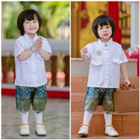 ชุดไทยเด็กชายราชปะแตนแขนสั้นโจงลายไทย-สีฟ้าน้ำเงิน