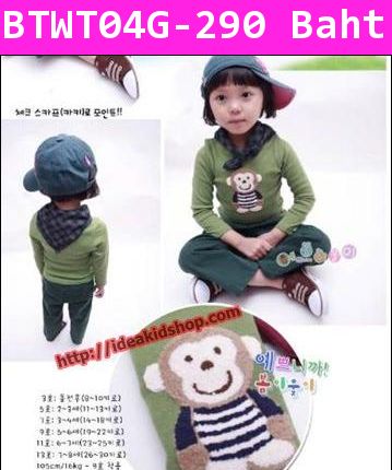 เสื้อยืดแขนยาวสีเขียว ลายลิงน้อย น่ารัก
