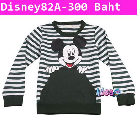 เสื้อแขนยาวลายทาง Hello Mickey สีขาวเขียว