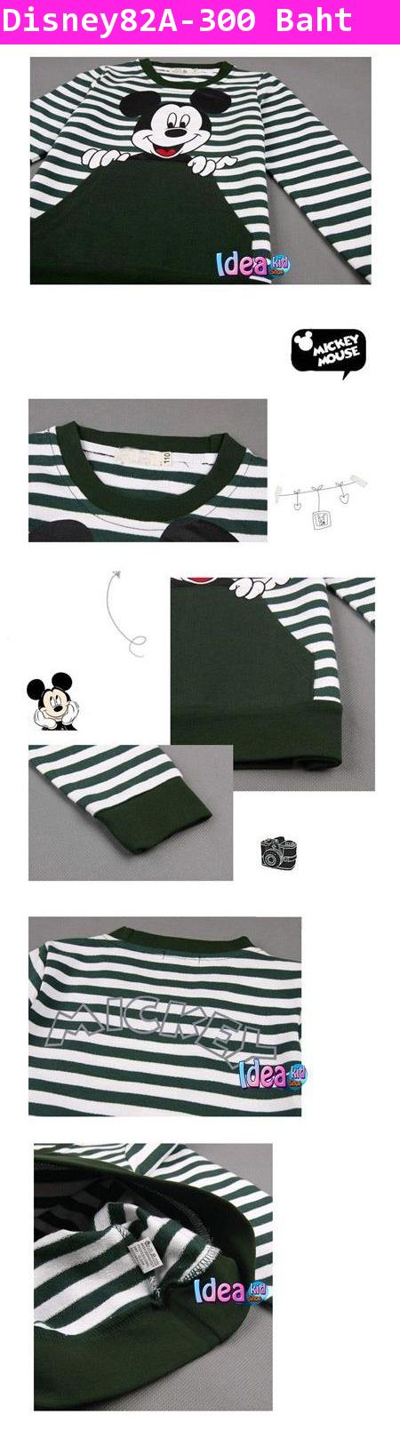 เสื้อแขนยาวลายทาง Hello Mickey สีขาวเขียว