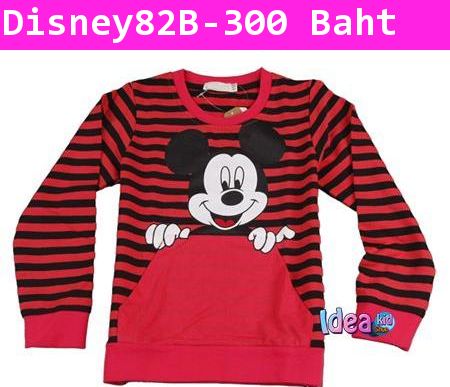 เสื้อแขนยาวลายทาง Hello Mickey สีขาวแดง