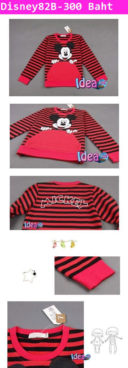 เสื้อแขนยาวลายทาง Hello Mickey สีขาวแดง