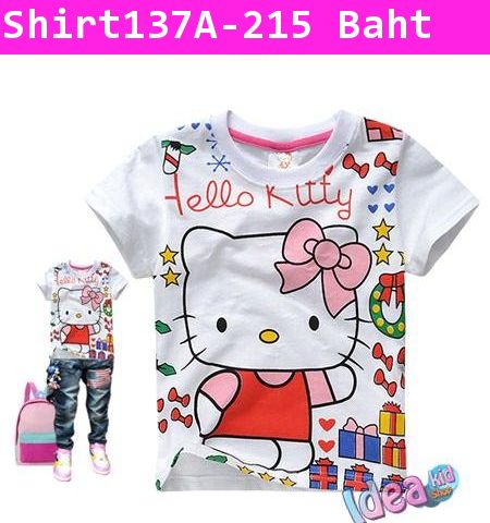 เสื้อยืดสีขาว Hello Kitty โบว์ชมพู