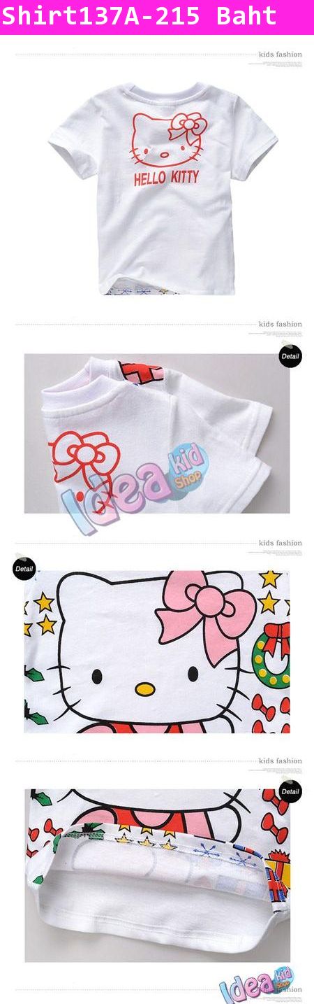 เสื้อยืดสีขาว Hello Kitty โบว์ชมพู